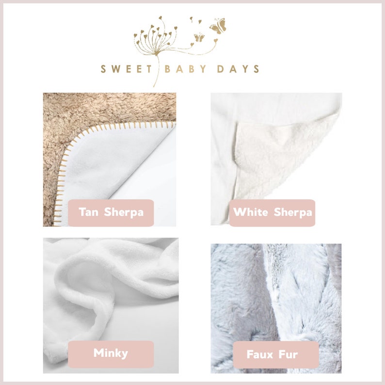 May include: Four different fabric swatches for baby blankets. Tan sherpa, white sherpa, minky, and faux fur.