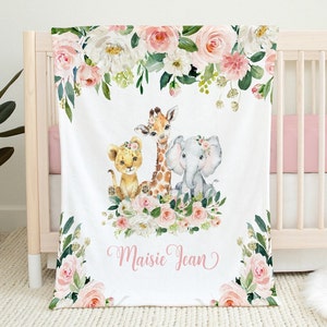 Personalized Baby Girl Blanket -Baby Name Blanket - Safari Baby Shower Gift- Safari Animals Nursery - Safari Bedding -Baby Girl Crib Blanket