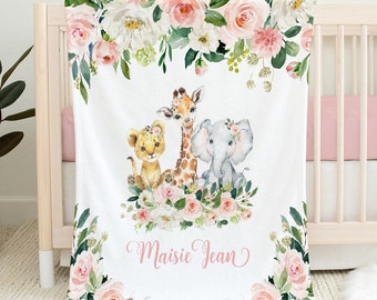 Couverture personnalisée pour bébé fille - Prénom de bébé - Cadeau de baby shower Safari - Chambre de bébé animaux de safari - Literie Safari - Couverture pour lit de bébé