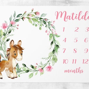 Horse Milestone Blanket Baby Girl Milestone Blanket with Horse Shoe Personalized Baby Girl Month Blanket Horse Bedding Farm Baby Shower Gift