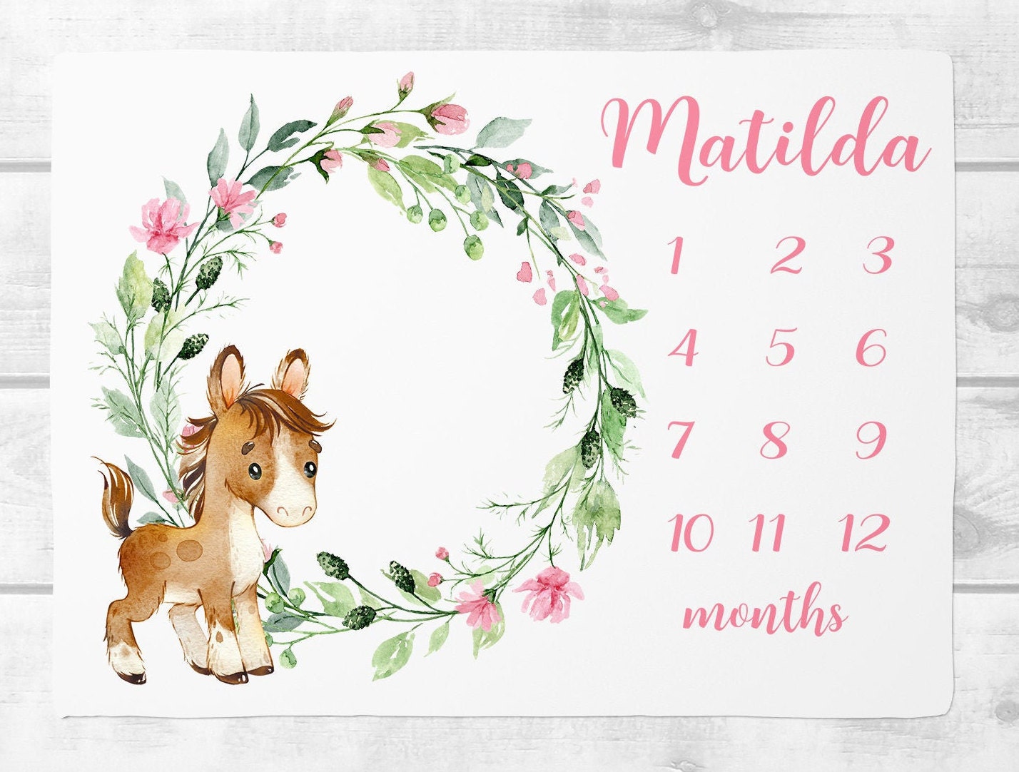 Horse Milestone Blanket Baby Girl Milestone Blanket with Horse Shoe Personalized Baby Girl Month Blanket Horse Bedding Farm Baby Shower Gift