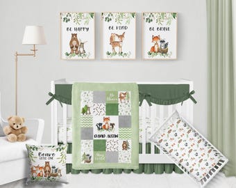 Woodland Quilt Crib Bedding Set  -Personalized Baby Boy Quilt with Woodland Animals-Woodland Nursery Bedding, Fox Baby Blanket with Name 546