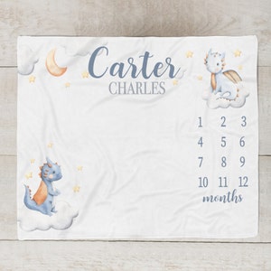 Manta de hito del dragón bebé, manta de hito del bebé con dragones, manta de bebé personalizada, manta del mes del bebé, regalo de ducha del dragón del bebé