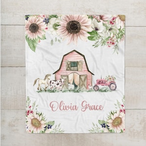 Personalized Baby Girl Farm Blanket -Baby Name Blanket - Pink Floral Farm Animal Blanket with Pink Sunflowers - Custom Baby Shower gift