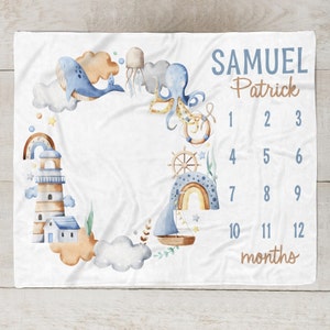 Manta de hito náutico para niño, manta personalizada para niño, manta del mes del bebé del océano, manta de ballena, regalo de baby shower en velero SM566