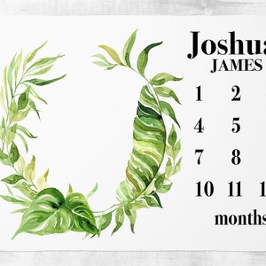 Milestone Blanket, Baby Boy Milestone Blanket with Jungle Leaves, Personalized Baby Boy Blanket- Baby Boy Shower Gift - Newborn photo prop