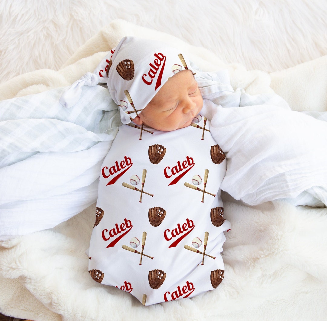 Baseball Swaddle Blanket Hat Set custom Baby Shower Gift Etsy