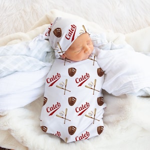 Conjunto de manta y gorro de béisbol - Regalo personalizado para baby shower - Anuncio de hospital - Manta de béisbol personalizada para bebé - Manta deportiva SW123