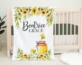 Floral Honeybee Blanket with Name, Personalized Baby Girl Blanket, Custom Toddler Girl Name Blanket, Yellow Floral Baby Blanket  SB557