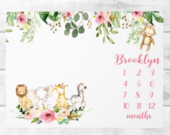 Personalisierte Baby Mädchen Decke -Safari Meilenstein Decke -Monatliches Wachstum Decke Baby Shower Geschenk Personalisiertes Baby Geschenk Blumen Baby Decke