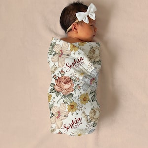 Vintage Floral Swaddle Blanket Headband Hat Set -Personalized Baby Shower Gift - Hospital Name Announcement - Personalized Baby Girl Blanket