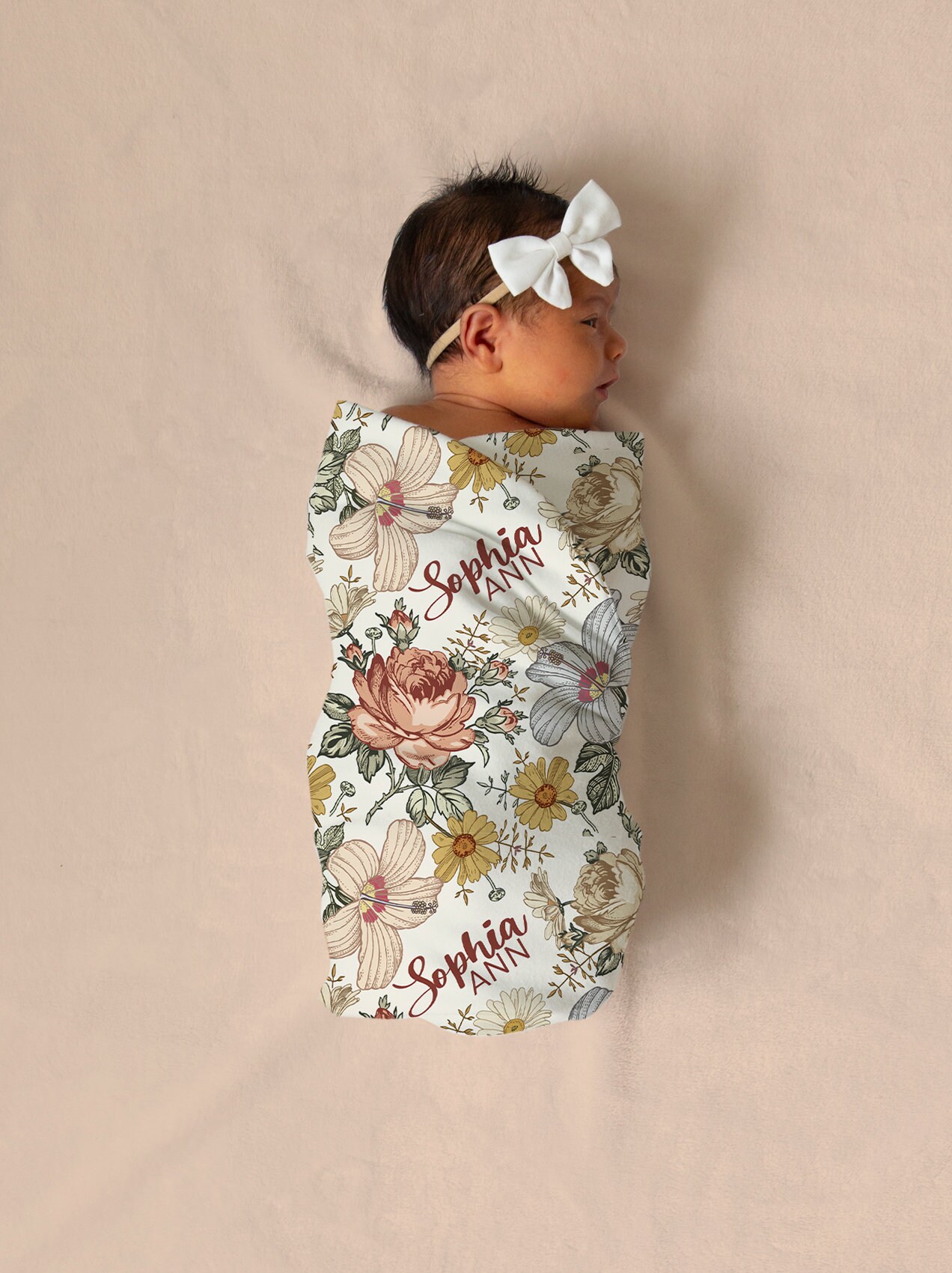 Newborn Swaddle Blanket Set With Headband & Hat - Baby Girl Pink Vintage Flower, 0-3 Months, Shower Gift