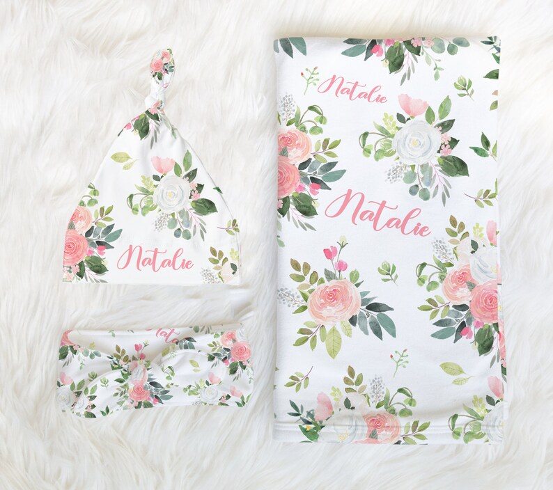 Pink Floral Swaddle Blanket Headband Hat Set personalized Etsy