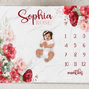 Baby meisje mijlpaal deken rode bloemen maand deken gepersonaliseerde meisje deken, klaprozen en Rose deken baby cadeau - pasgeboren foto SM901