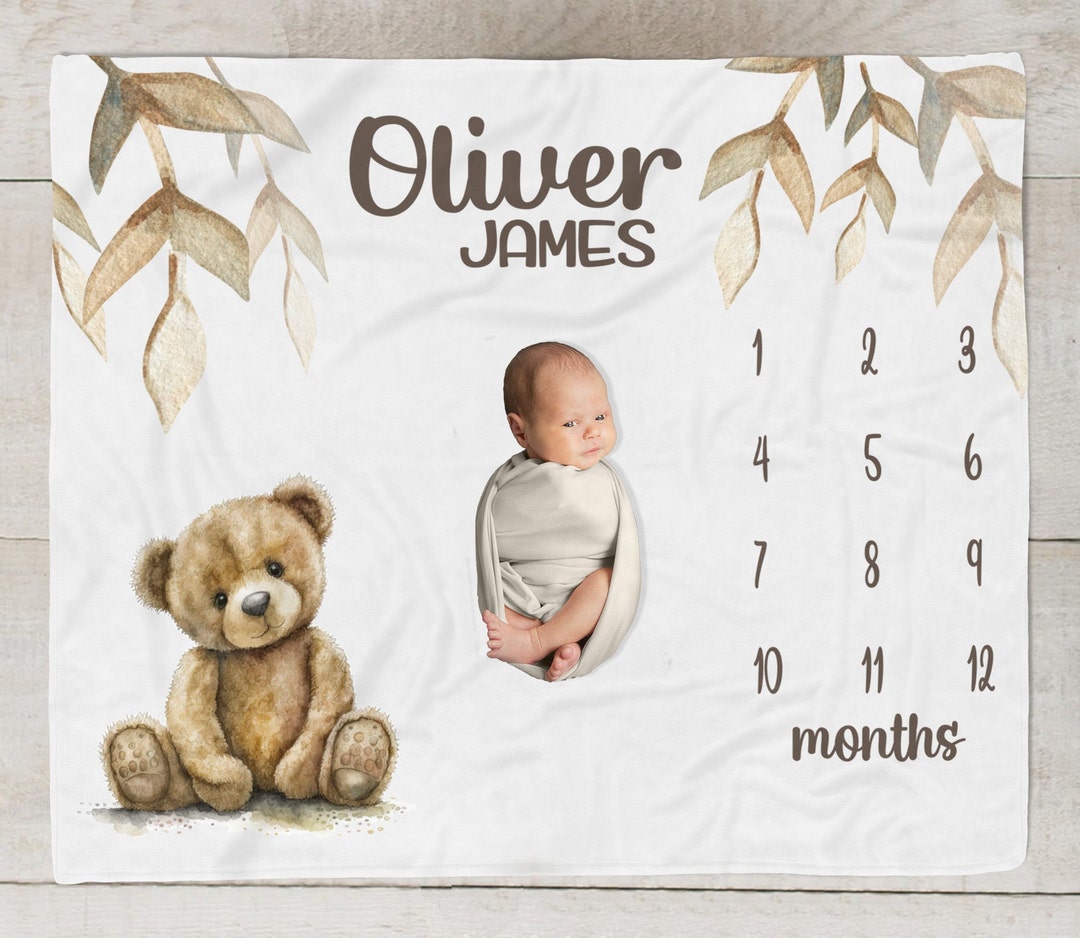 Teddy Bear Milestone Blanket, Personalized Baby Boy Blanket, Bear Name