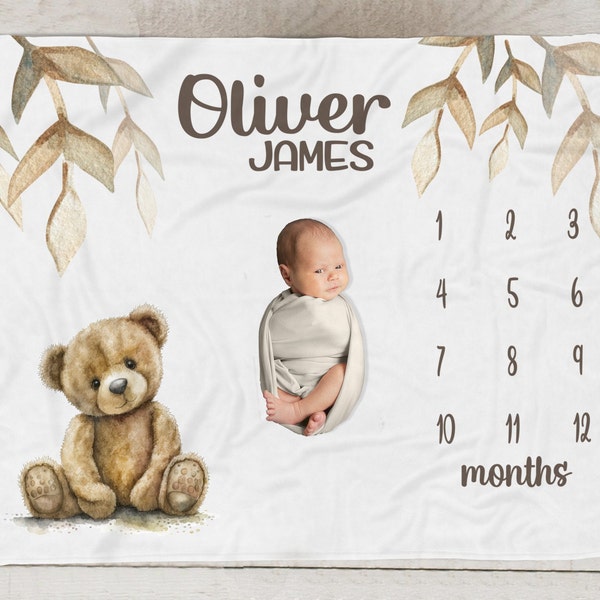 Teddy Bear Milestone Blanket, Personalized Baby Boy Blanket, Bear Name Blanket,  Custom Month Blanket, Newborn Photos Baby Shower Gift SM554