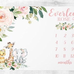 Manta floral Safari Milestone, manta personalizada del mes de la niña con elefante, regalo personalizado de la ducha de la niña, guardería de la niña Safari SM130
