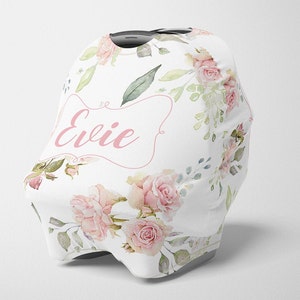 Personalized Car Seat Canopy, Girl Stretchy Car seat Cover, Personalized Floral Carseat 4 in 1 Cover, Girl Carseat Canopy, Nursing Cover image 1