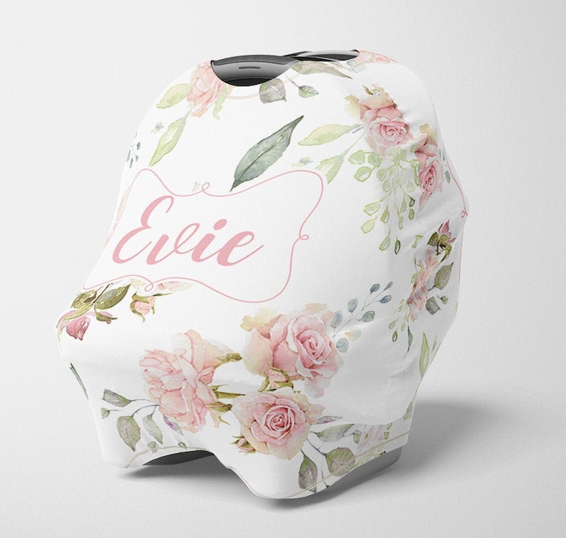 Personalized Car Seat Canopy, Girl Stretchy Car seat Cover, Personalized Floral Carseat 4 in 1 Cover, Girl Carseat Canopy, Nursing Cover image 1