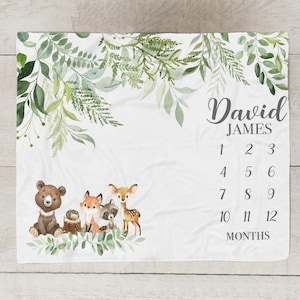 Woodland Animal Milestone Blanket Boy, Manta personalizada para bebés, Manta del mes del bebé de animales del bosque, Manta de oso zorro, Baby Shower SM568