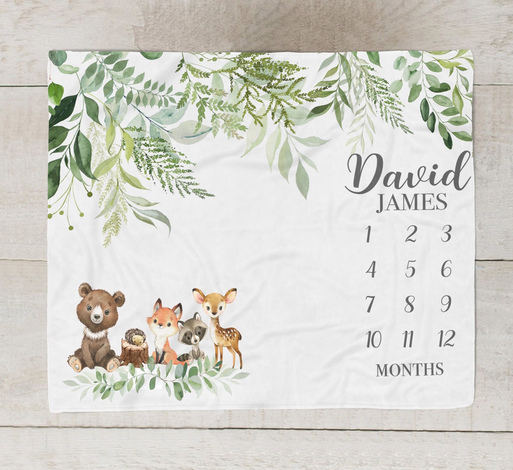 Woodland Animal Milestone Blanket Boy, Personalized Baby Boy Blanket, Forest Animal baby Month Blanket, Fox Bear Blanket, Baby Shower SM568