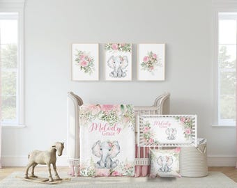 Zachtroze bloemen wieg beddengoed set - gepersonaliseerde babydeken met blush bloemen groen - babybedje wieg beddengoed - bloemen kinderkamerset
