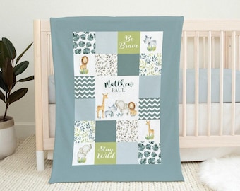 Spersonalizowany kocyk Safari dla dziecka - Spersonalizowany kocyk dla chłopca - Kocyk z imieniem dziecka - Prezent na baby shower - Kołderka Safari dla dziecka - Pokój dziecięcy z motywem zwierząt dżungli