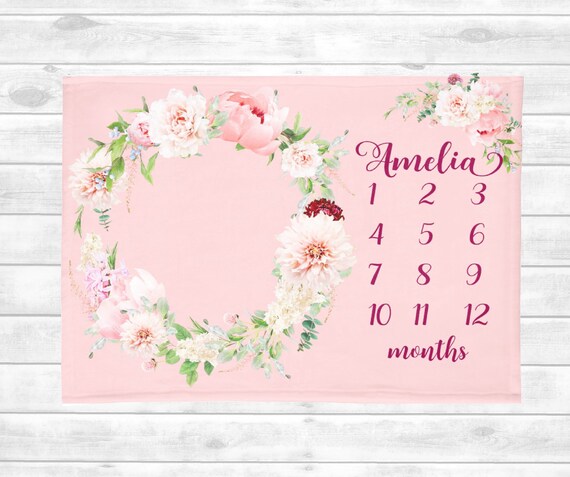 Pink Floral Milestone Blanket Peony Girl Baby Month Blanket Baby Shower  Gift Growth Blanket Milestone Personalized Pink Baby Blanket Girl