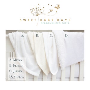 May include: Four white baby blankets displayed on a white crib railing. The blankets are labeled A. Minky, B. Fleece, C. Jersey, and D. Sherpa.