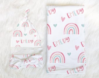 Rainbow Swaddle Blanket Headband Hat Set -Personalized Baby Shower Gift - Hospital Newborn Photos - Personalized Baby Girl Blanket-