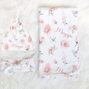 Blush Pink Floral Swaddle Blanket Headband Hat Set -Custom Baby Shower Gift -Hospital Name Announcement - Personalized Baby Girl Blanket