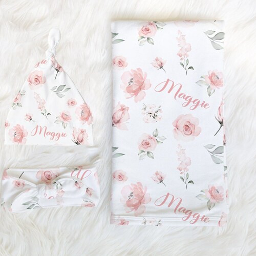 Blush Pink Floral Swaddle Blanket Headband Hat Set custom Etsy