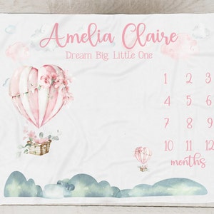 Coperta Milestone per neonata - Coperta floreale per il mese con mongolfiera Coperta personalizzata per bambina, regalo floreale cipria per neonato - Accessorio per foto neonato