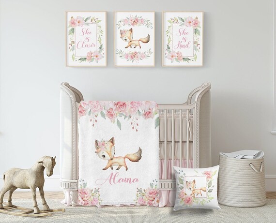 Personalized Baby Girl Blanket With Fox baby Blanket With Floral Woodland Animals baby Girl Woodland Baby Bedding Custom Baby Shower Gift Etsy