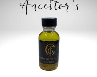 Peut inclure: Petite bouteille en verre avec un bouchon noir et une étiquette noire avec des lettres dorées et un logo. La bouteille contient un liquide jaune avec des sédiments au fond. Le texte "Ancestor's" est au-dessus de la bouteille, et "Honor, Connect, and Receive" est en dessous.