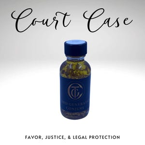 May include: A small glass bottle with a black cap and a dark blue label. The label features a gold emblem and the words "Third Generation Conjure." The bottle contains a golden liquid with visible particles. The text "Court Case" is above the bottle, and "Favor, Justice, & Legal Protection" is below.