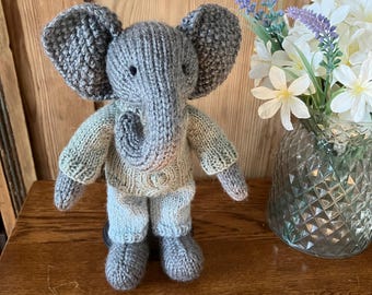 Hand Knitted Grey Elephant in Cable Jumper and Blue Trousers