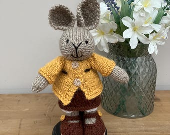 Small Handknit Rabbit in Rust Dress  and Gold Cardigan.