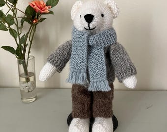 Hand knitted Polar Bear in Grey and Brown Trousers, Blue scarf
