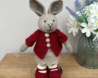 Hand knitted Bunny in Beige dress and Red Cardigan