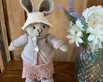 Hand knitted Bunny in Pink dress and Cardigan