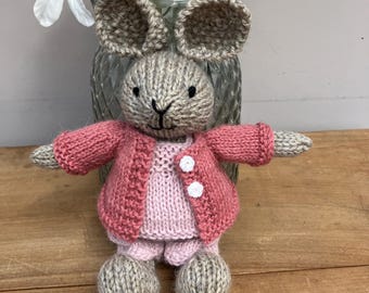 Small Handknit Rabbit in Pink Cami,  Shorts and Darker Pink Cardigan