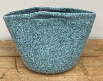 Felted Knitted Basket Duck Egg Blue with Handles
