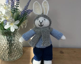 Hand knitted Bunny in Grey Bobble Hat and Scarf
