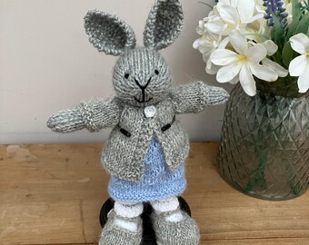 Small Handknit Rabbit in Blue Dress  and Grey Cardigan.