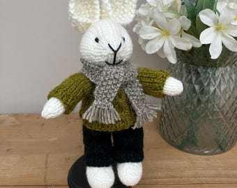 Small Handknit Rabbit in Lime Green Jumper and Navy Trousers