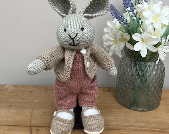 Knitted Rabbit in Pink Playsuit and Beige Short Cardigan