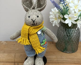 Hand knitted Bunny in Light Blue Dungarees, Green T-shirt and Mustard Scarf.