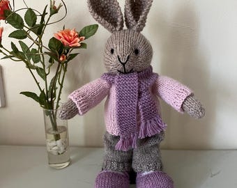 Hand Knitted Rabbit in Pink Cable Jumper and Grey Trousers