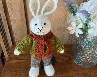 Hand knitted Bunny in Green jumper and Brown Trousers
